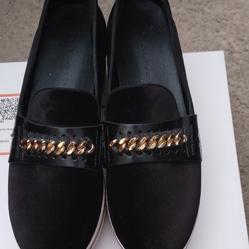 Stella Mccartney Suede Black Slip-On Women's Shoes with Gold Chain Detail